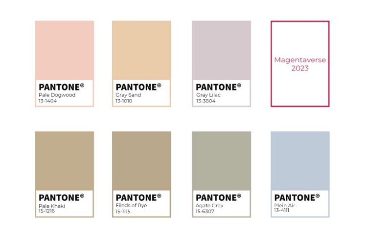 Paleta de colores complementarios en tonos pastel, que combinan con el color de año 2023 "Viva Magenta"