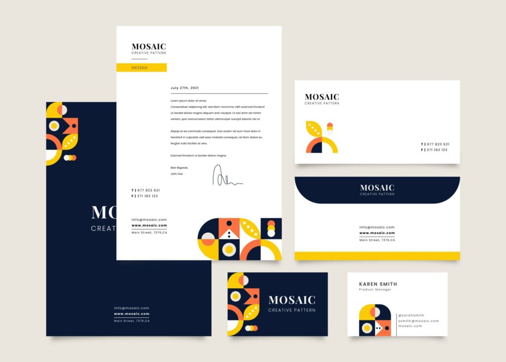 Ejemplo de Identidad Corporativa de una marca azul y amarilla (papel de carta, sobres, tarjetas...)